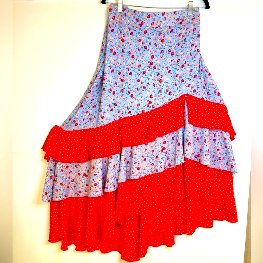 Light Blue ❤️Red Floral ❤️ Tiered Maxi Skirt ❤️Lining❤️❤️❤️❤️ - Picture 6 of 10